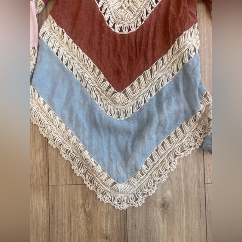 Beautiful Sz S Boho Hippie Crochet Gauzy Striped V-Neck Long Sleeve Top Coverup - Picture 8 of 10